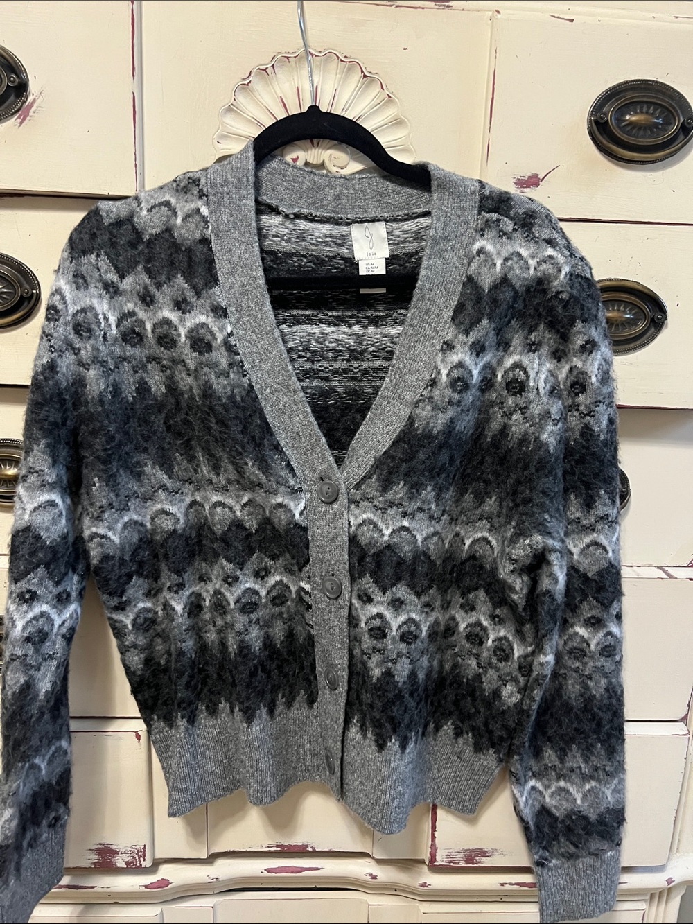 Joie Gray and Black Patterned V-Neck Cardigan